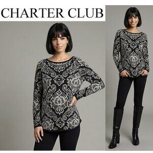 CHARTER CLUB - Black damask print pullover tunic sweater